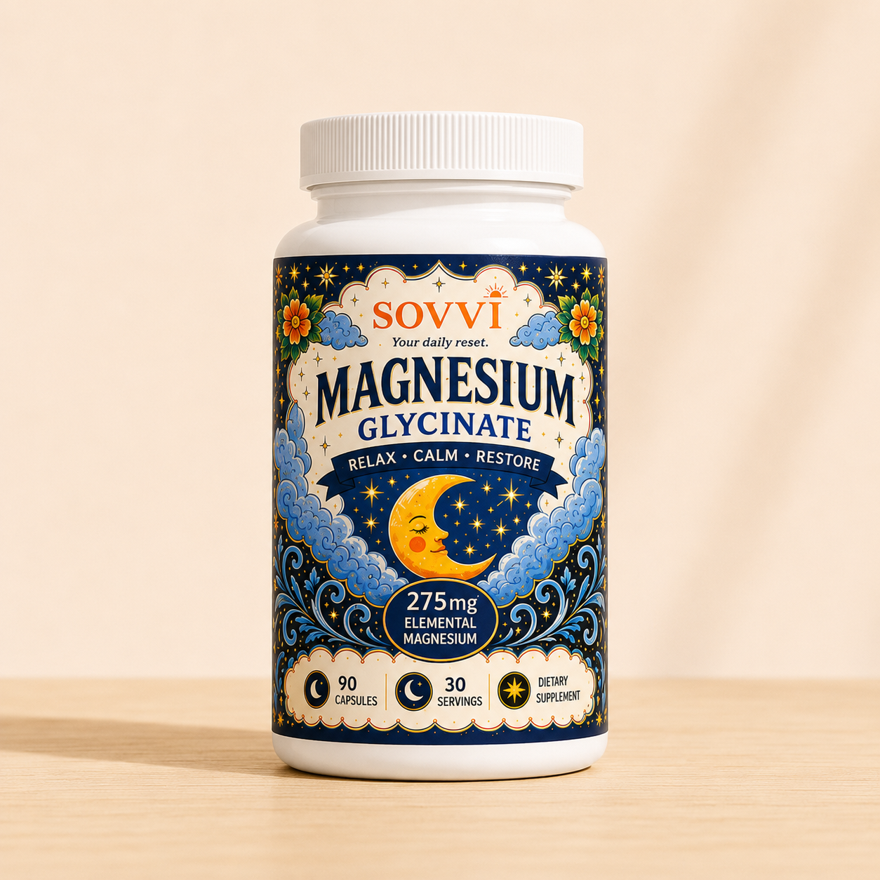 Sovvi Magnesium Glycinate bottle on a cream background