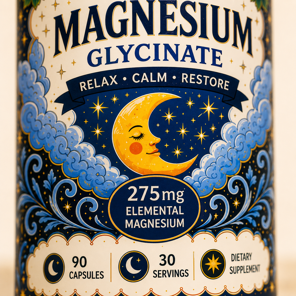Close-up of Sovvi Magnesium Glycinate label with crescent moon illustration