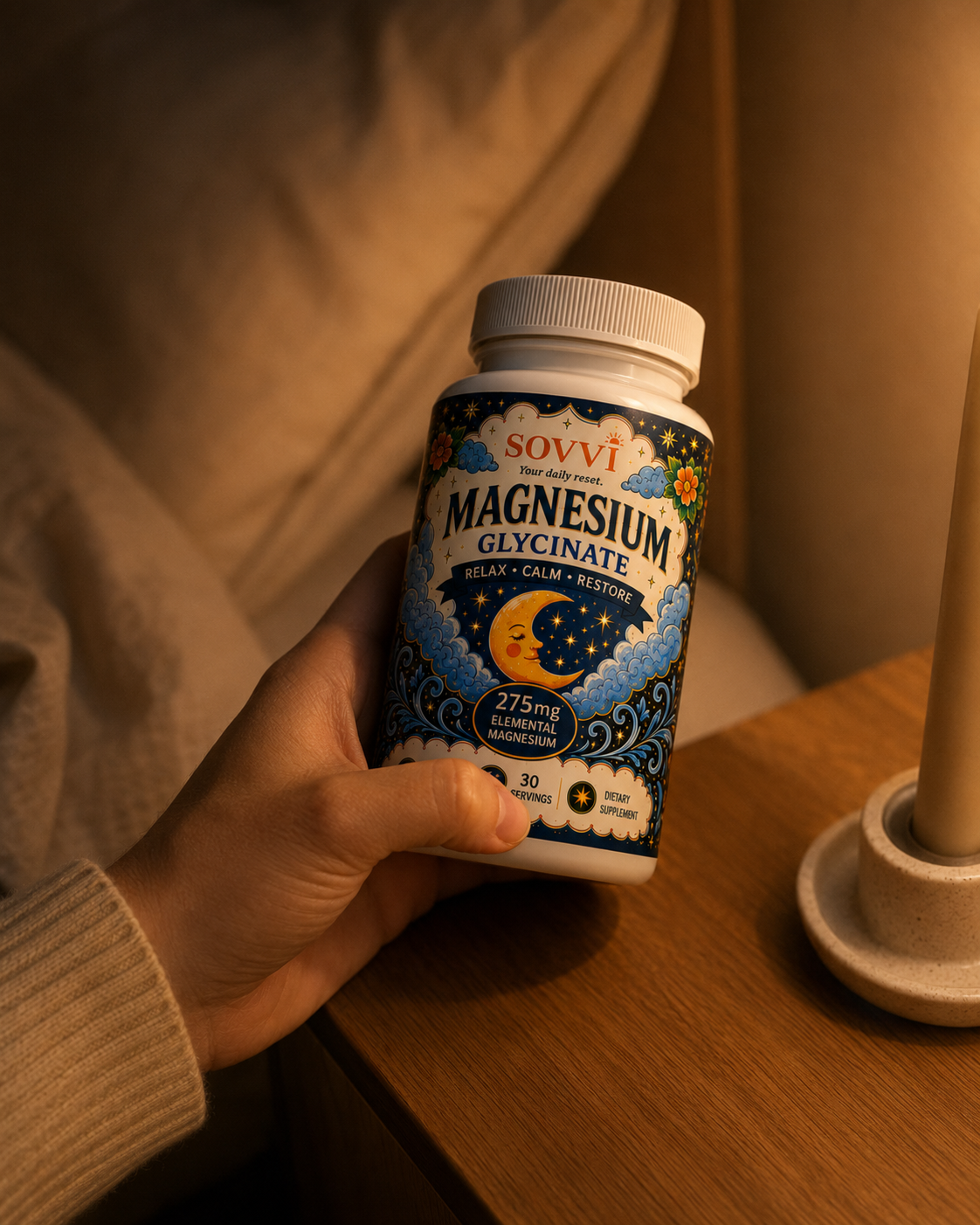 Hand holding a bottle of Sovvi Magnesium Glycinate at night