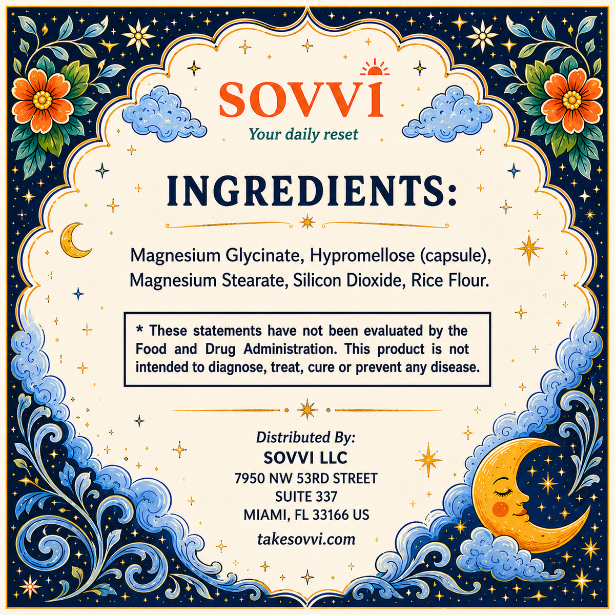 Sovvi Magnesium Glycinate ingredients label close up