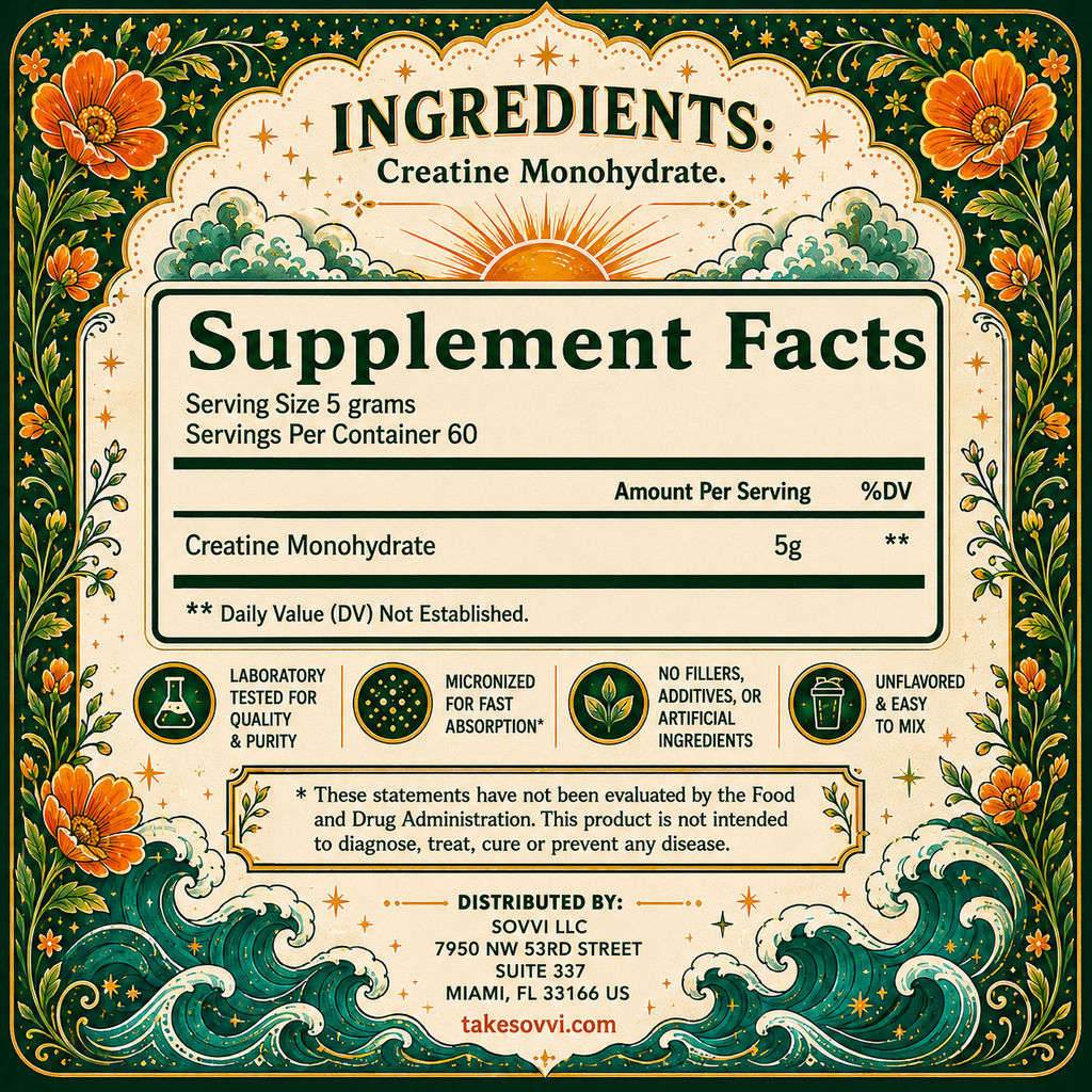 Sovvi Creatine Monohydrate supplement facts panel