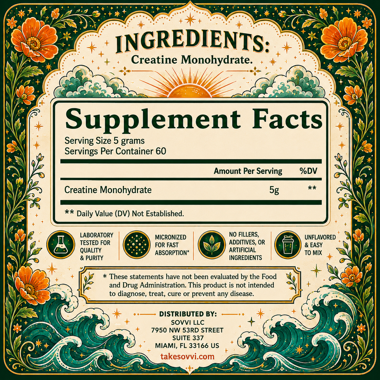 Sovvi Creatine Monohydrate supplement facts panel
