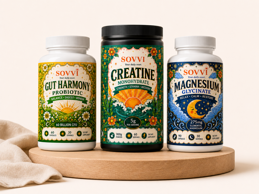 Sovvi Full Reset bundle with Creatine, Gut Harmony, and Magnesium bottles