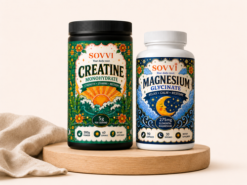Sovvi Creatine and Magnesium bundle bottles on a cream background