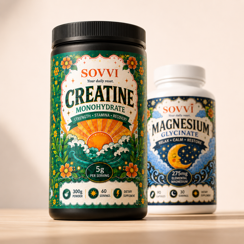 Close-up of Sovvi Creatine and Magnesium bundle labels