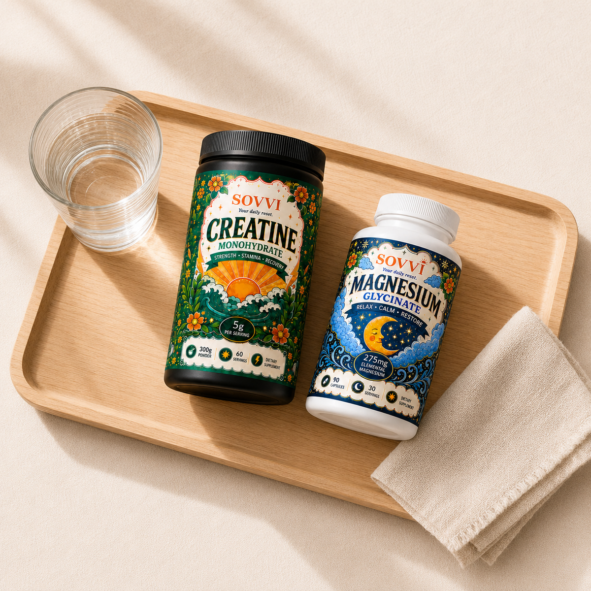 Sovvi Creatine and Magnesium bundle styled on a wood tray