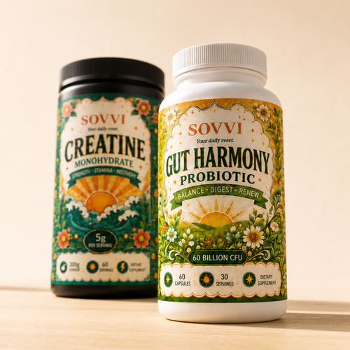 Close-up of Sovvi Creatine and Gut Harmony bundle labels