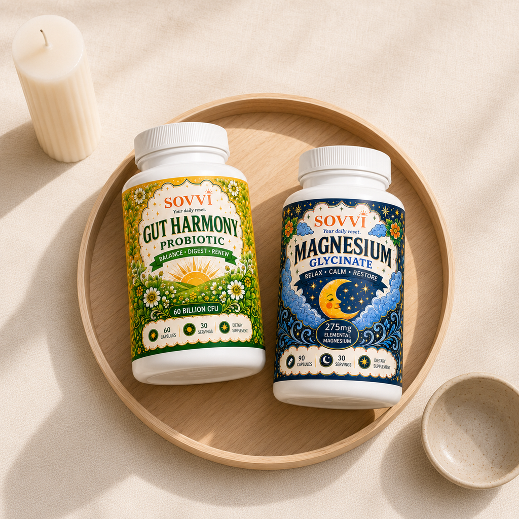Sovvi Magnesium and Gut Harmony bundle styled on a wood tray