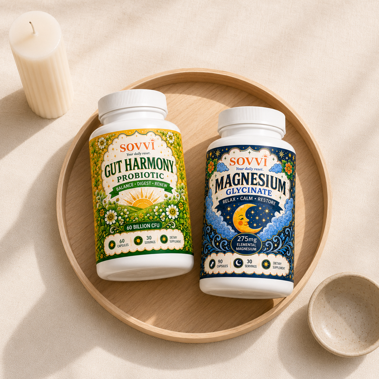 Sovvi Magnesium and Gut Harmony bundle styled on a wood tray