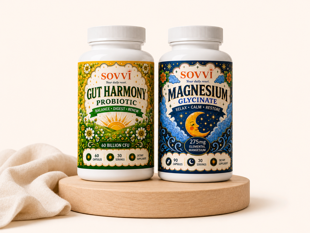 Sovvi Magnesium and Gut Harmony bundle bottles on a cream background
