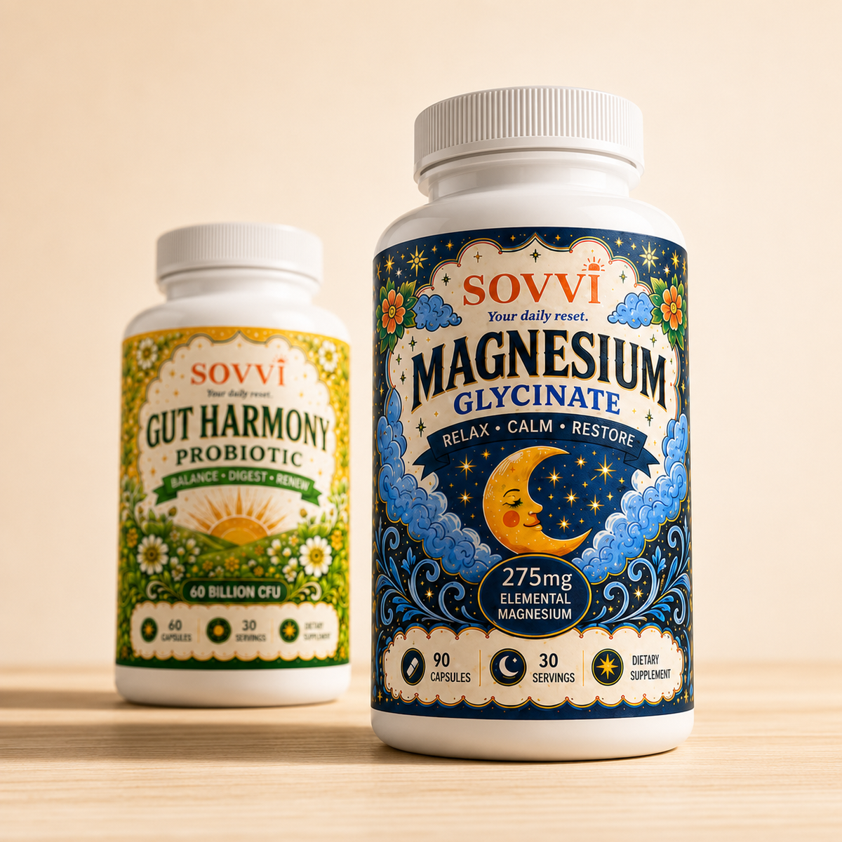 Close-up of Sovvi Magnesium and Gut Harmony bundle labels