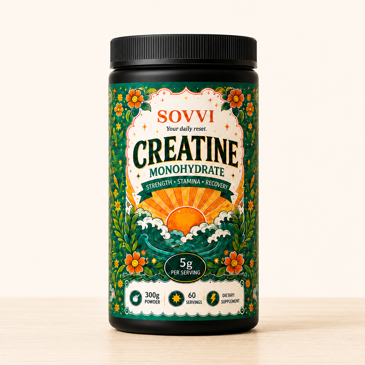 Sovvi Creatine Monohydrate bottle on a cream background