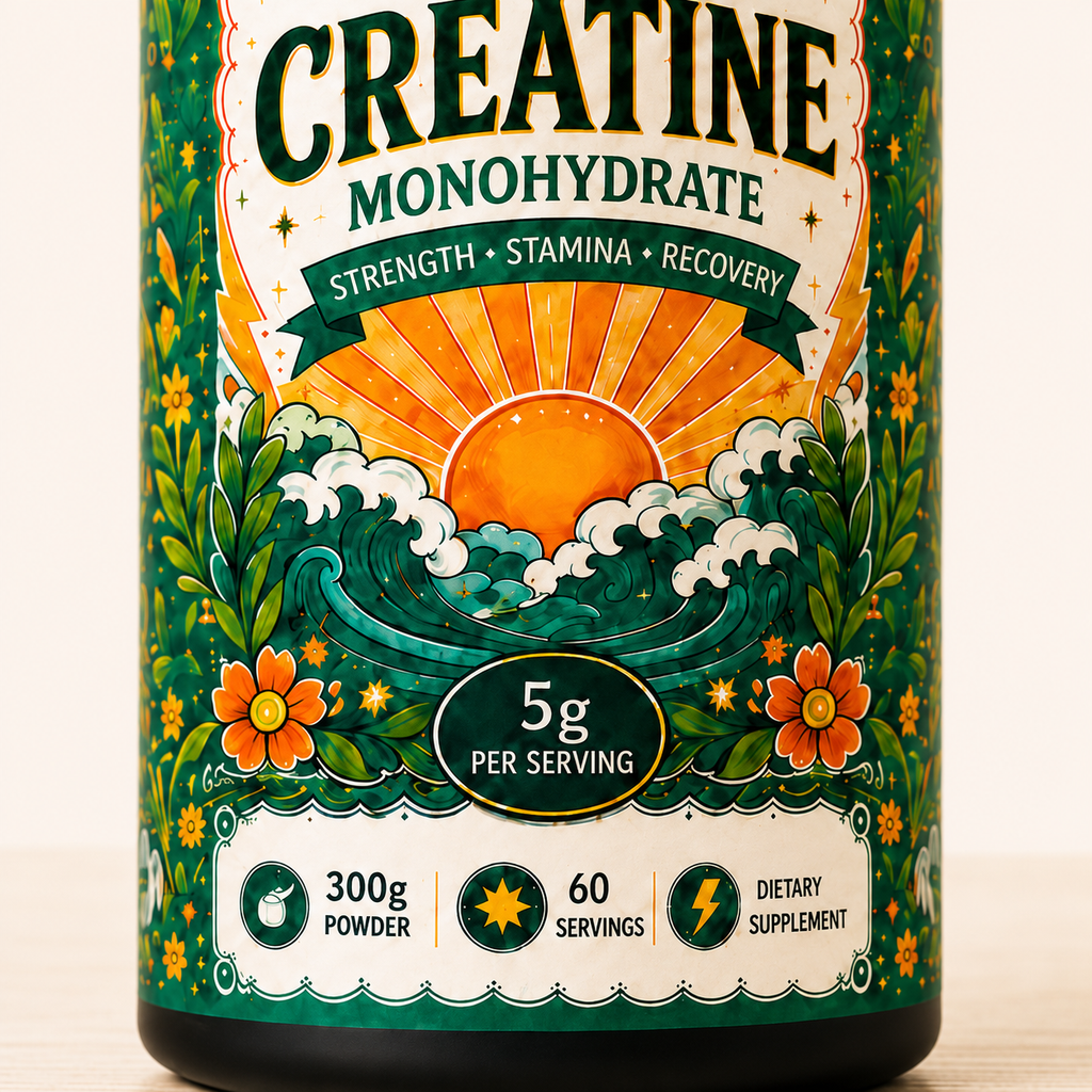 Close-up of Sovvi Creatine Monohydrate label with wave and sunrise illustration
