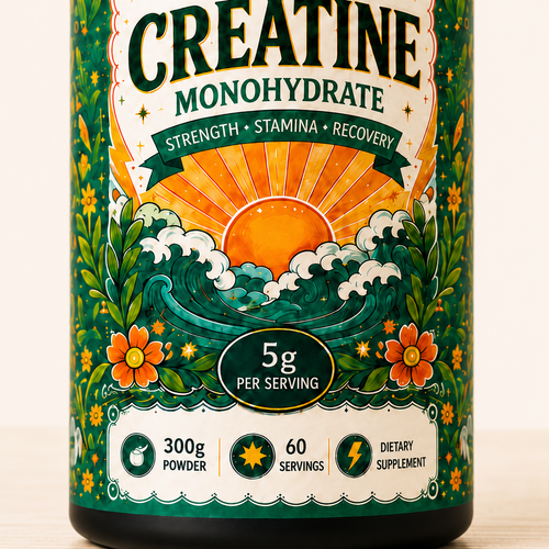 Close-up of Sovvi Creatine Monohydrate label with wave and sunrise illustration