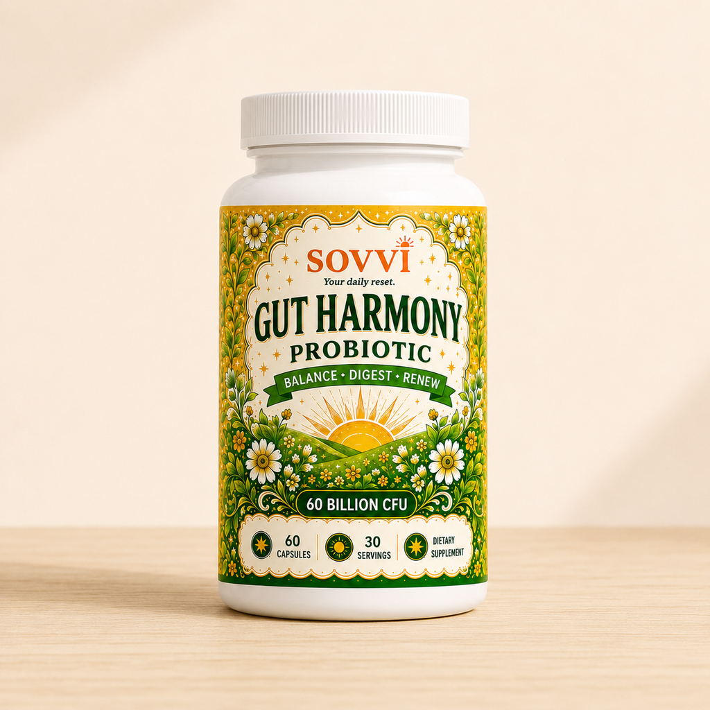 Sovvi Gut Harmony Probiotic bottle on a cream background