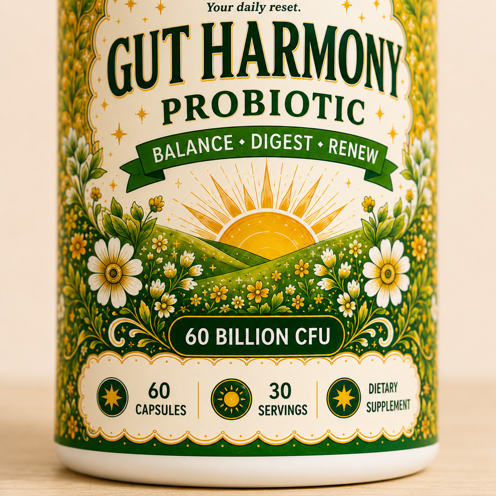Close-up of Sovvi Gut Harmony Probiotic label with sunrise over hills illustration