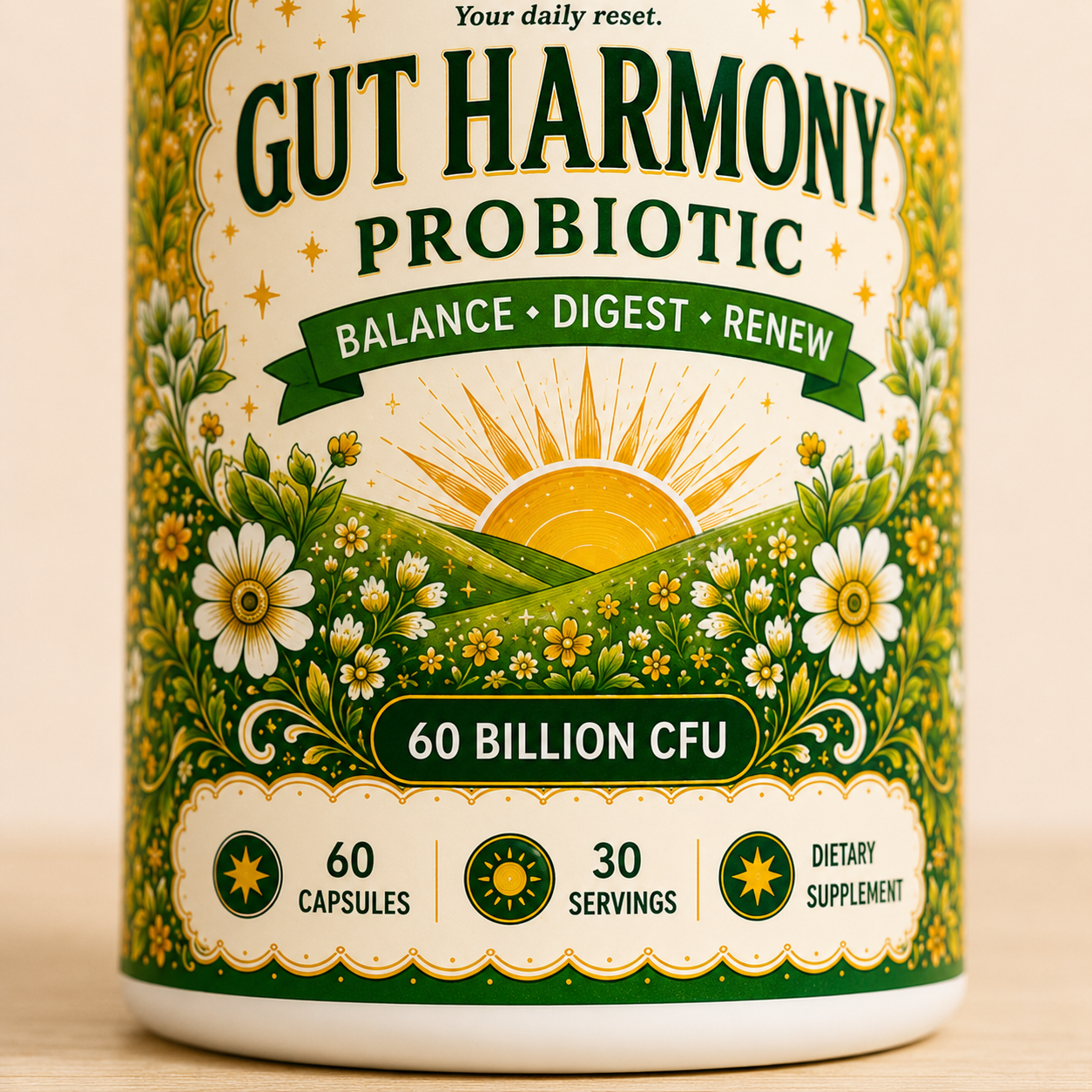 Close-up of Sovvi Gut Harmony Probiotic label with sunrise over hills illustration