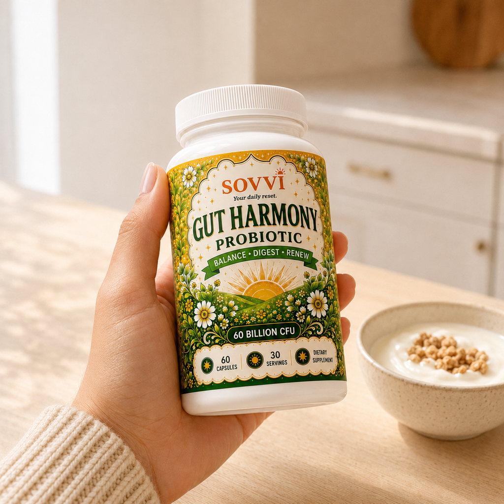 Hand holding a bottle of Sovvi Gut Harmony Probiotic