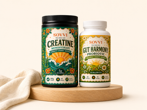 Sovvi Creatine and Gut Harmony bundle bottles on a cream background